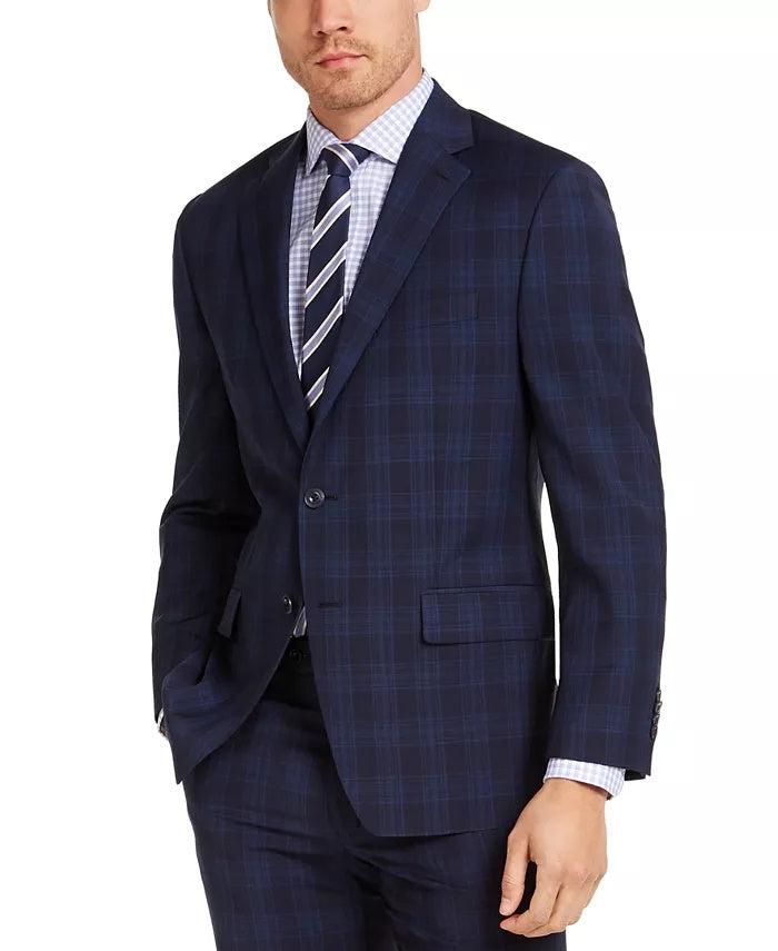 Michael Kors Men's Classic-Fit Airsoft Stretch Navy Blue Plaid Suit Jacket Navy Size 48