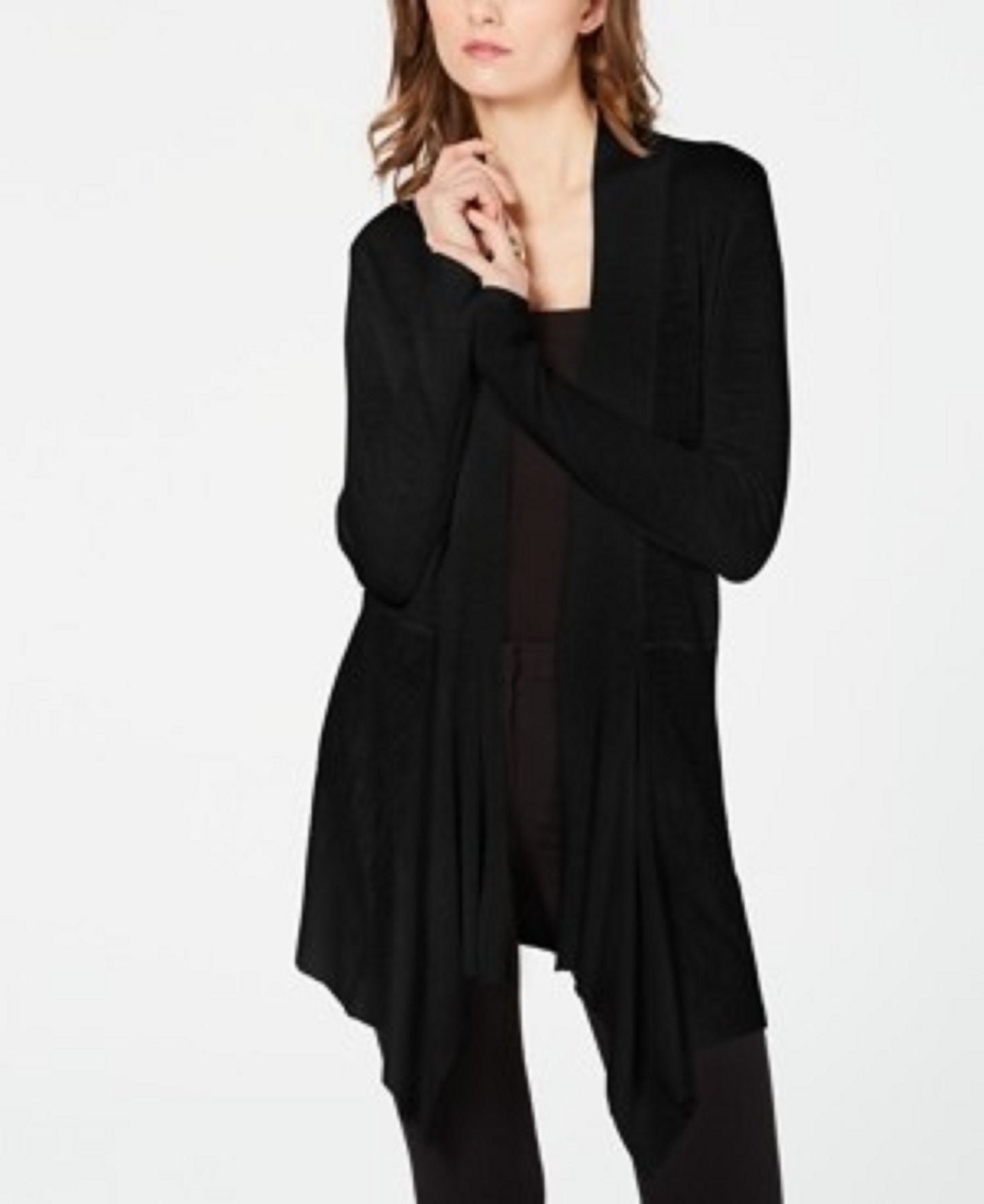 INC International Concepts Women's Ribbed-Knit Draped Cardigan Black Size Small
