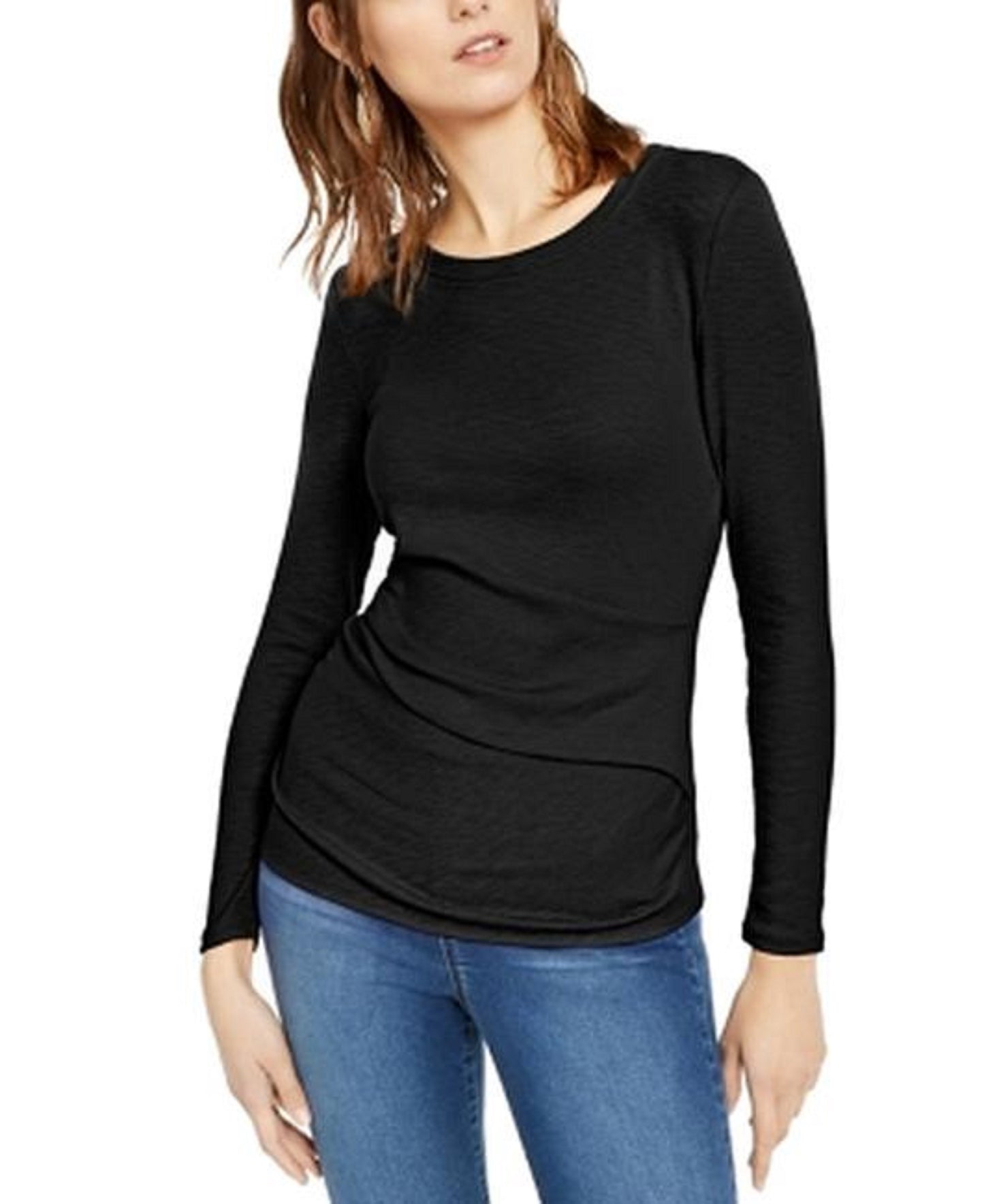 INC International Concepts Women's Long-Sleeve Draped T-Shirt Black Size XX Large