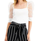 Bar III Women's Puffed Sleeve Illusion Top White Size Small