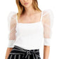 Bar III Women's Puffed Sleeve Illusion Top White Size Small