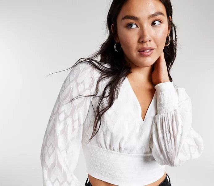 Bar III Women's Jacquard Cropped Blouse White Size XX-Large