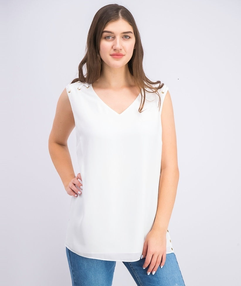 JM Women's Collection Grommet Tie-Hem Top  White Size Large