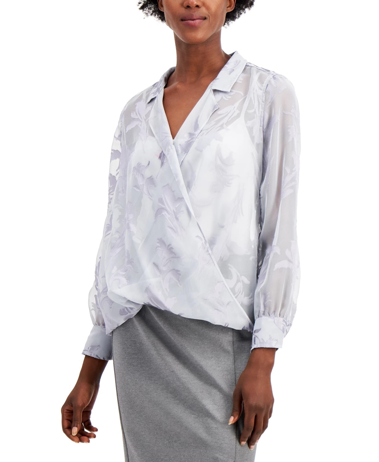 Alfani Women's Faux-Wrap Burnout-Detail Blouse Gray Size Extra Large