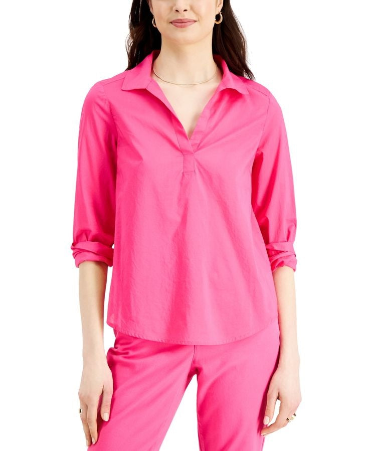 Charter Club Women's Cotton Collared Top Pink Size Petite Medium