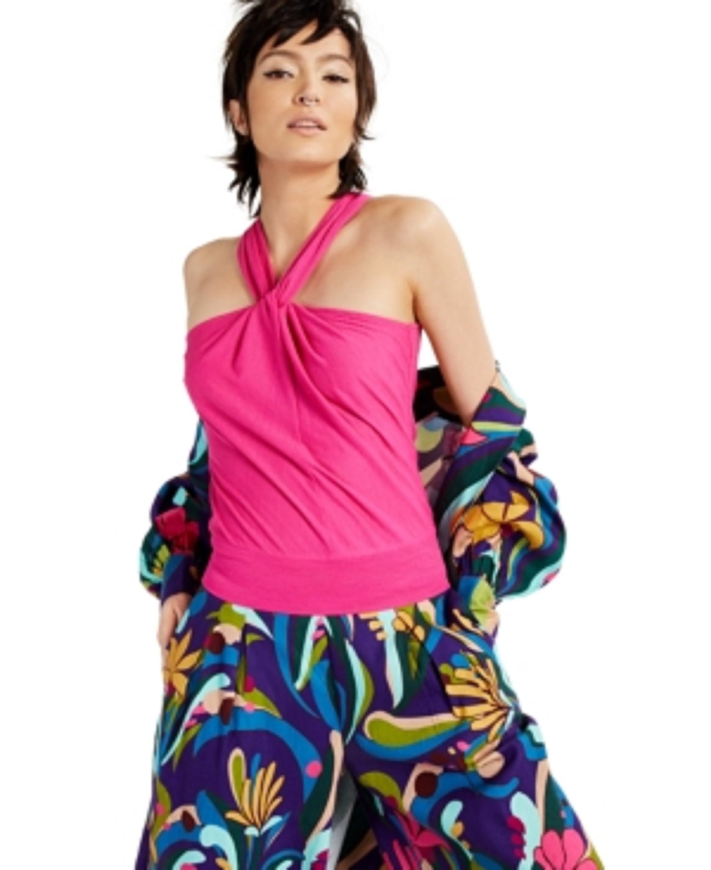 INC International Concepts Women's Petite Twisted Halter Top Brght Pink Size Petite