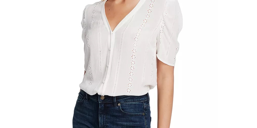 1.STATE Women's Eyelet Puff-Sleeve Crinkle Top White