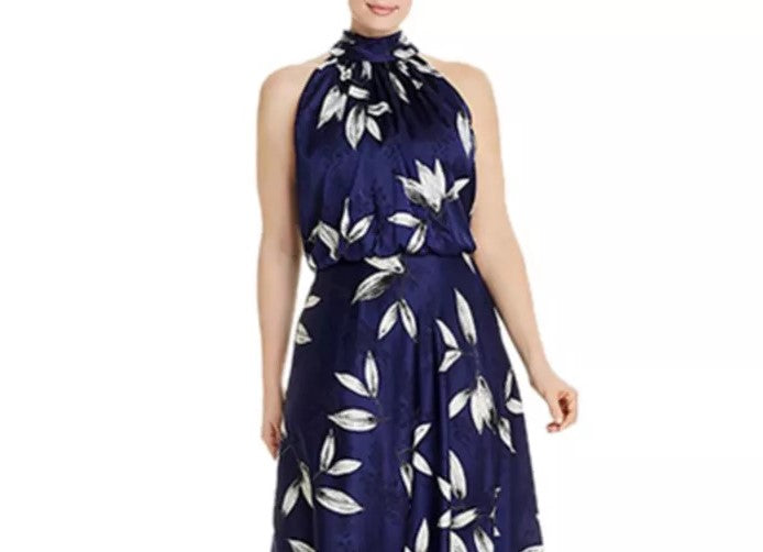 Adrianna Papell Women's Plus Size Tossed Leaves Halter Dress Navy  Size 18