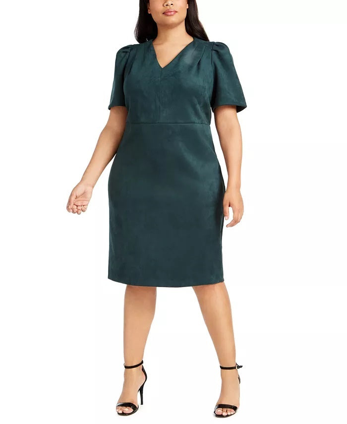 Calvin Klein Women's Plus Size Puff-Sleeve Faux-Suede Dress Blue Size Petite Small