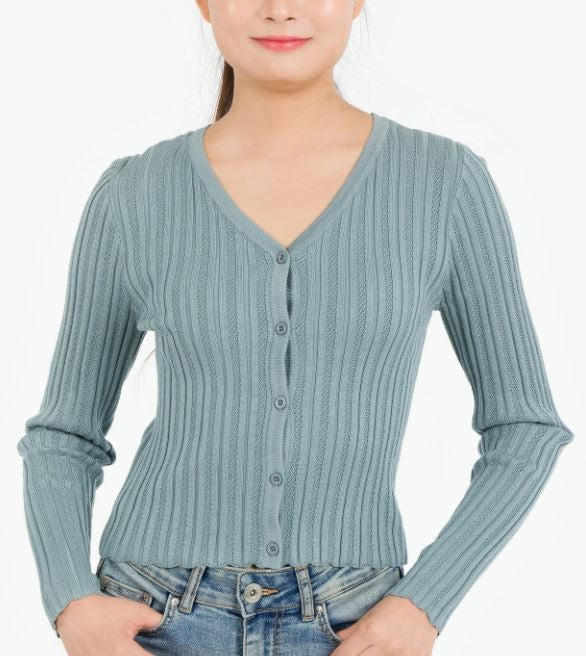 Hippie Rose Junior's Ribbed Cardigan Top Green Size Small