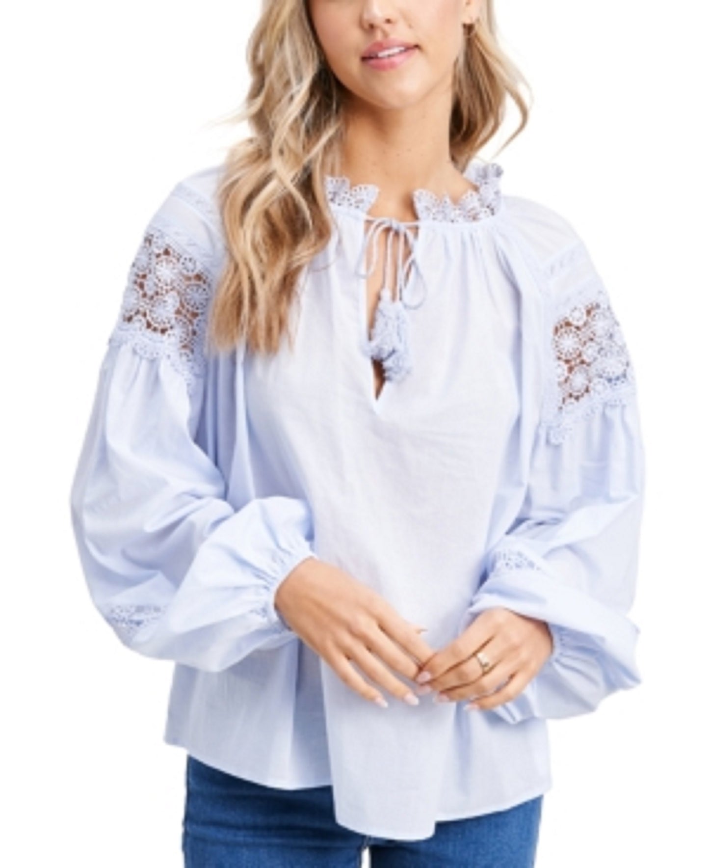 En Saison Women's Crochet Blouson-Sleeve Top Navy Size Extra Large