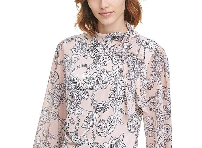 Calvin Klein Women's Printed Tie-Neck Blouse Dark Gray Size Small