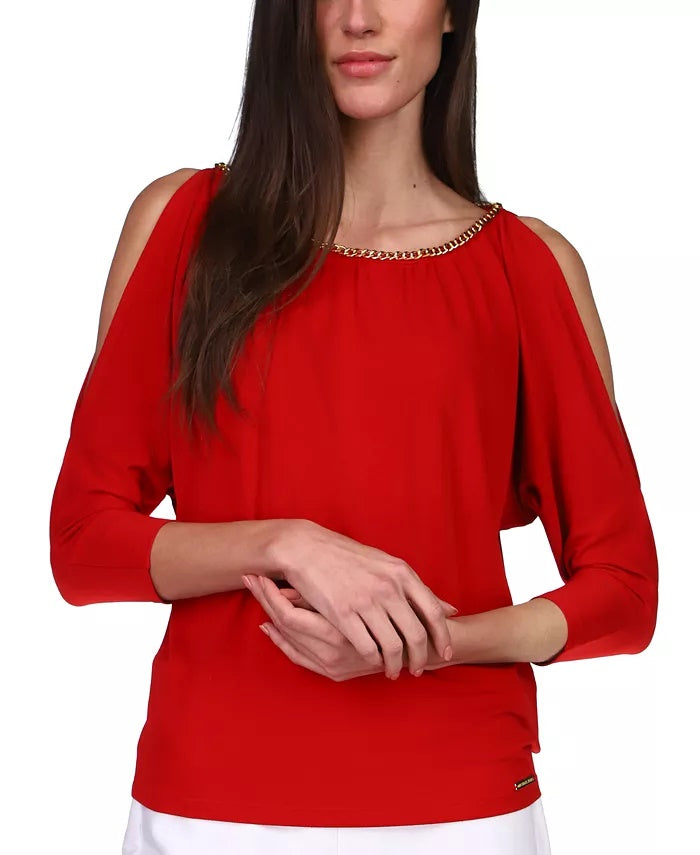 Michael Kors Women's Chain-Trim Slit-Sleeve Top Dark Red Size Extra Large