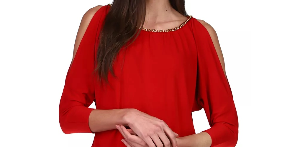 Michael Kors Women's Chain-Trim Slit-Sleeve Top Dark Red Size Extra Large