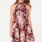 B Darlin Juniors' Printed Mock-Neck Crochet-Trim Fit & Flare Dress Red Size 7