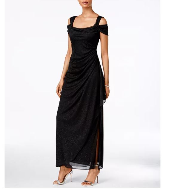 Alex Evenings Women's Cold Shoulder Ruffle Glitter Gown Black Size 14 Petite