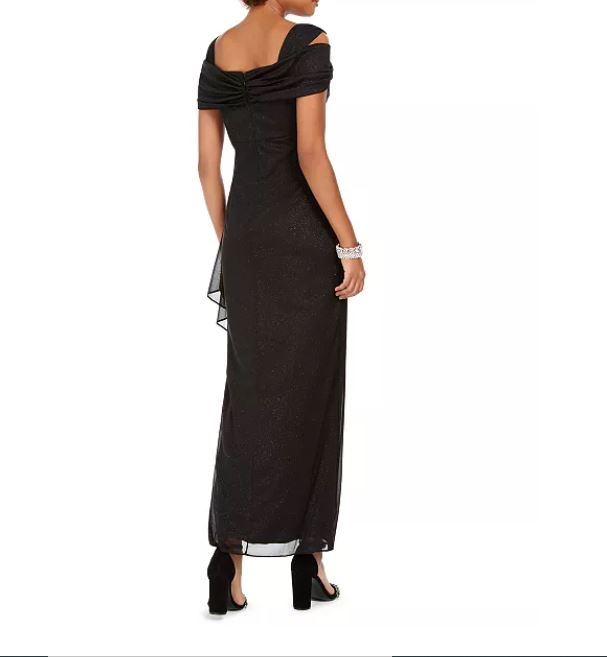 Alex Evenings Women's Cold Shoulder Ruffle Glitter Gown Black Size 14 Petite