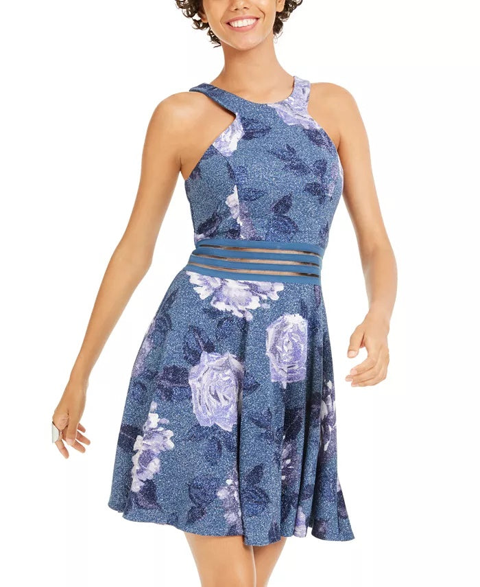 City Studios Junior's Glitter Floral Print Skater Dress Navy Size 3