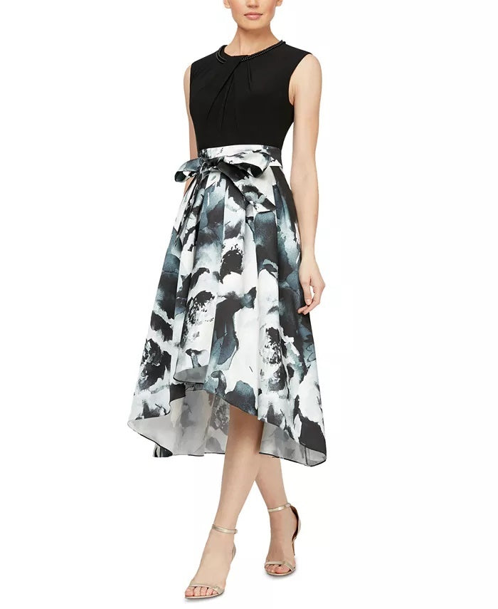 SL Fashions Women's Printed High Low Fit & Flare Dress Black Size 10