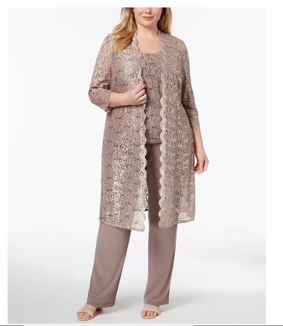 R & M Richards Women's 3 Pc Plus Pantsuit & Shell Beige Size 20W