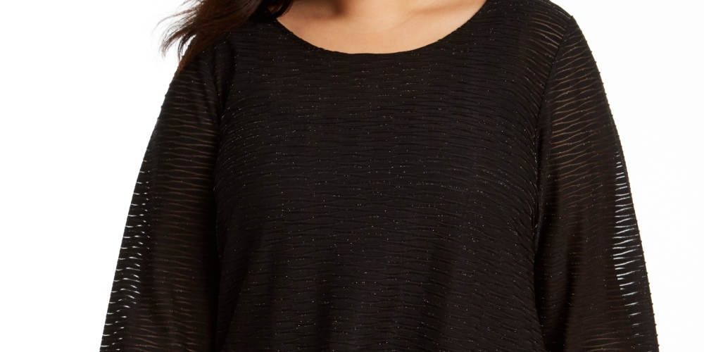 Calvin Klein Women's Plus Size Metallic Wavy Knit Asymmetrical-Hem Top Black Size 2X