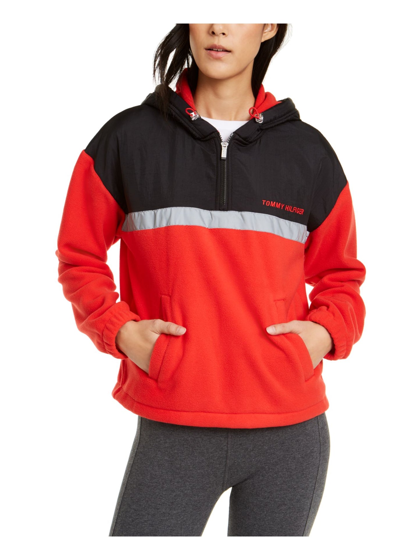 Tommy Hilfiger Women's Pocketed Color Block Long Sleeve Zip Neck Hoodie Red Size Medium