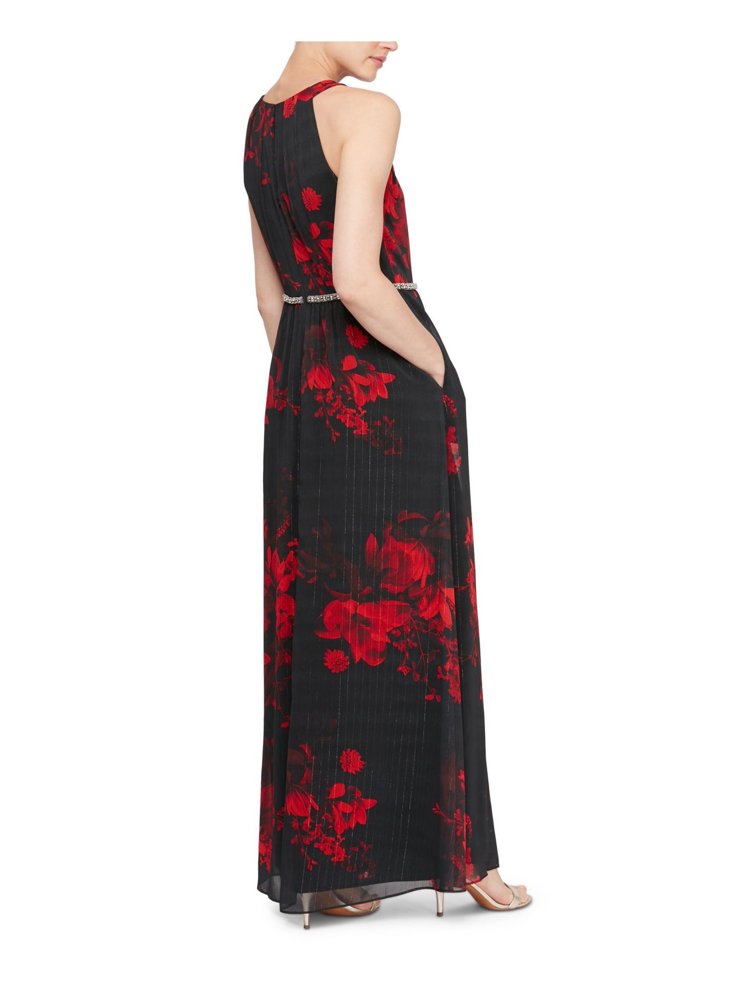 SL Fashions Women's Embellished Floral Print Gown Red Size 12