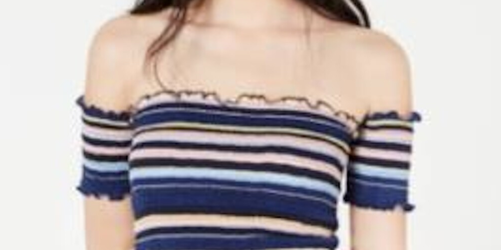 Crave Fame Women's Striped Smocked Off Shoulder Crop Top Blue Size Medium