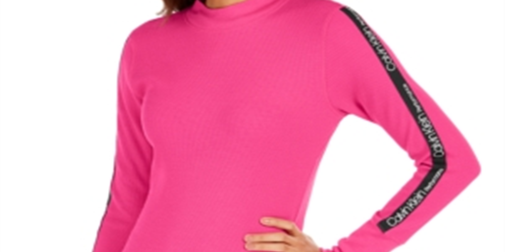 Calvin Klein Women's Performance Logo Stripe Mock Neck T-Shirt Pink Size Small