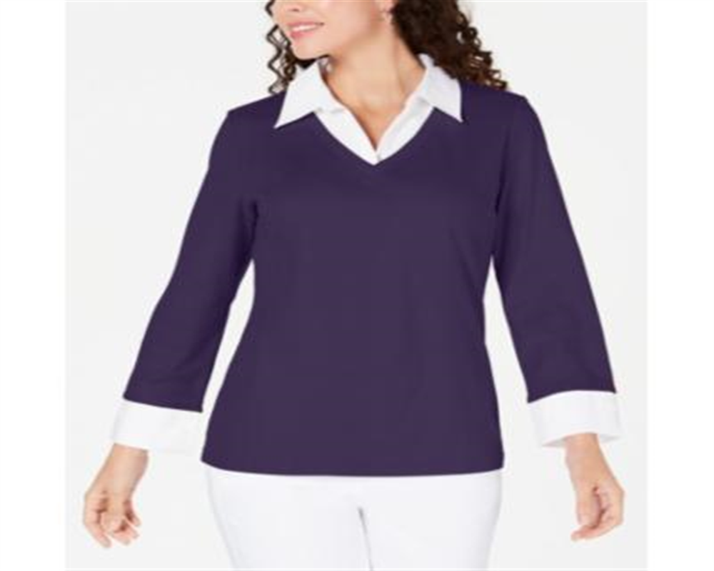 Karen Scott Women's Layered Look Cotton Top Purple Size -Petite S