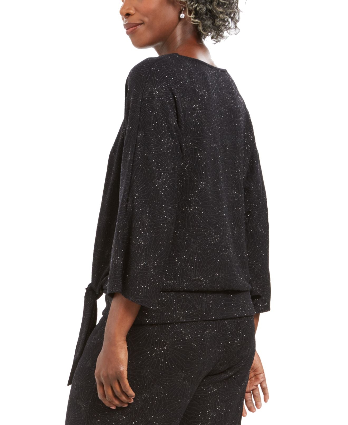 JM Collection Women's Front Glitter Print Blouse Black Size Small