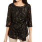 Alfani Women's Textured Patterned 3/4 Sleeve Jewel Neck Top Black Size Large