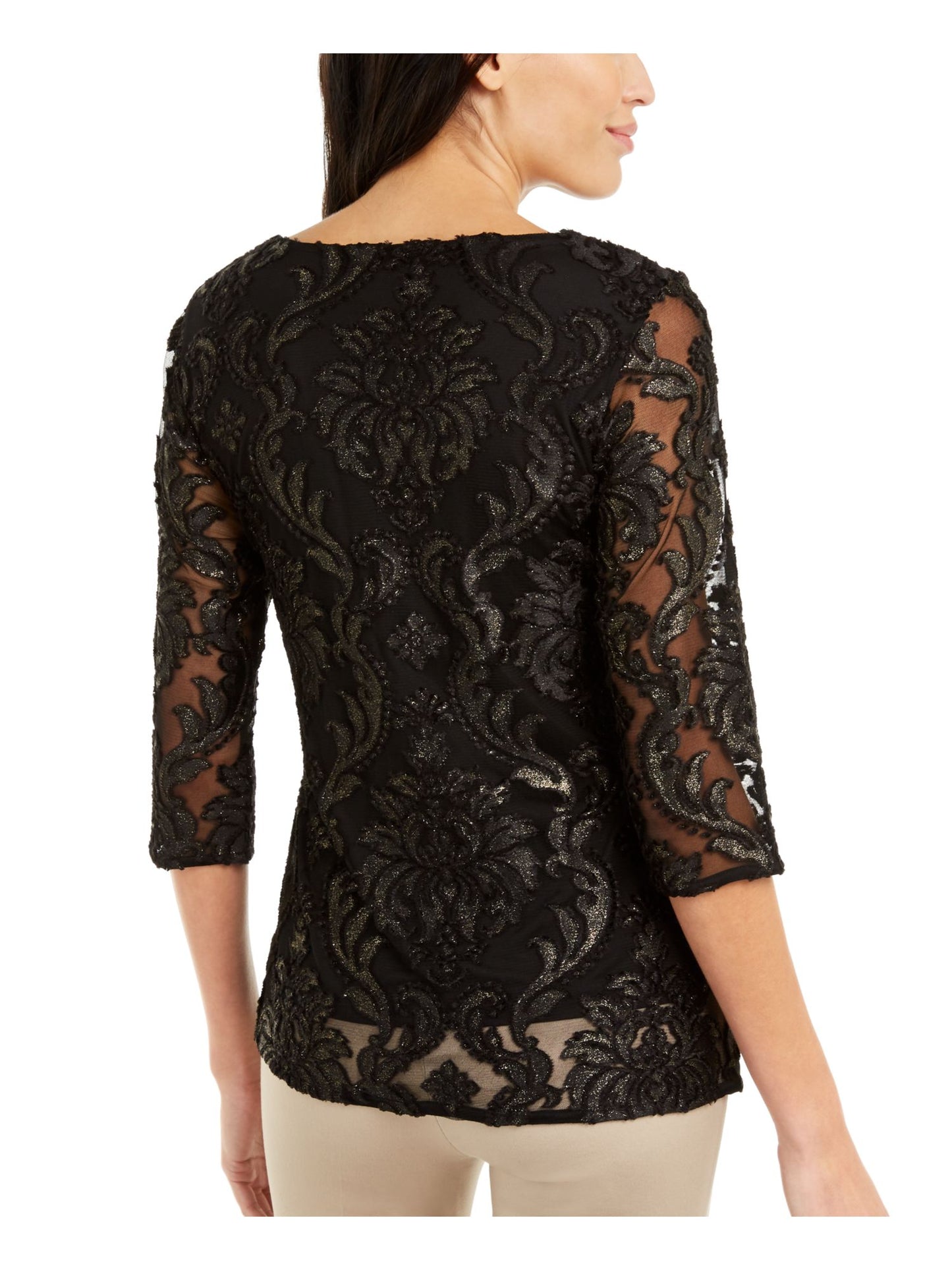 Alfani Women's Textured Patterned 3/4 Sleeve Jewel Neck Top Black Size Large