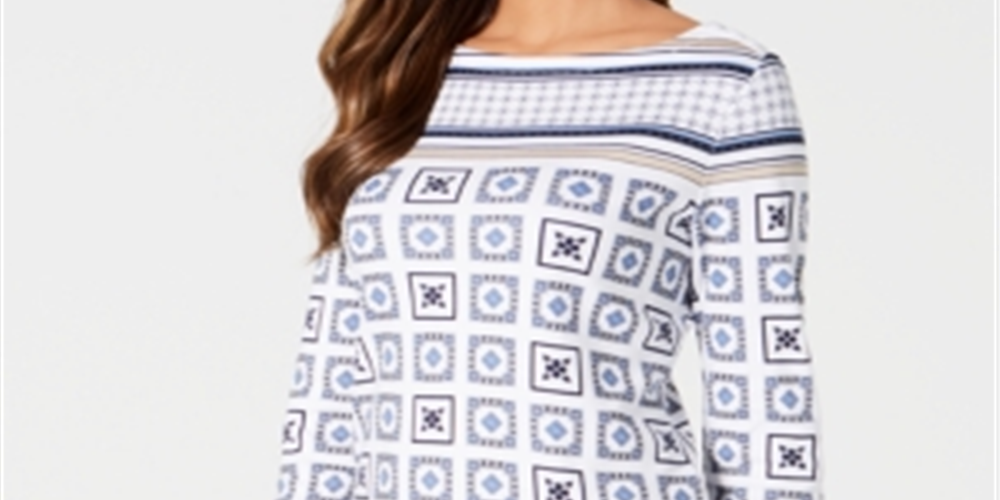 Charter Club Women's 3/4 Sleeve Printed Top White Size Petite XL
