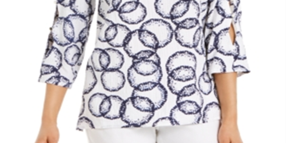 JM Collection Women's Amalfi Printed Split Sleeve Top White Size Large
