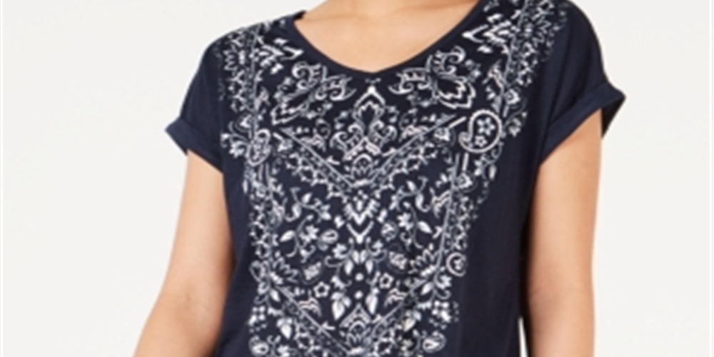 Style & Co Women's Printed V Neck T-Shirt Blue Size Petite S