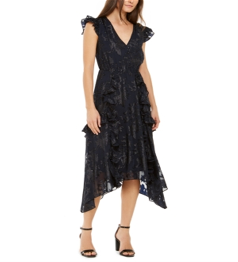 INC International Concepts Women's Ruffled Metallic Sleeveless V Neck MIDI Evening Sheath Dress Blue Size X-Large