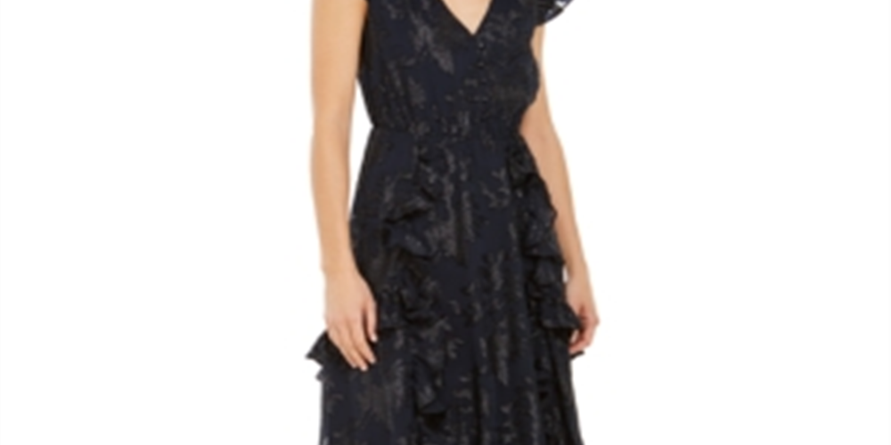 INC International Concepts Women's Ruffled Metallic Sleeveless V Neck MIDI Evening Sheath Dress Blue Size X-Large