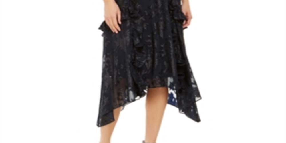 INC International Concepts Women's Ruffled Metallic Sleeveless V Neck MIDI Evening Sheath Dress Blue Size X-Large