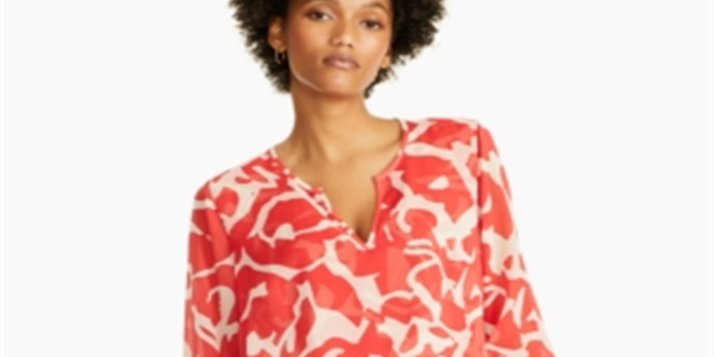 Alfani Women's Sheer Patterned Long Sleeve V Neck Tunic Top Red Size Medium