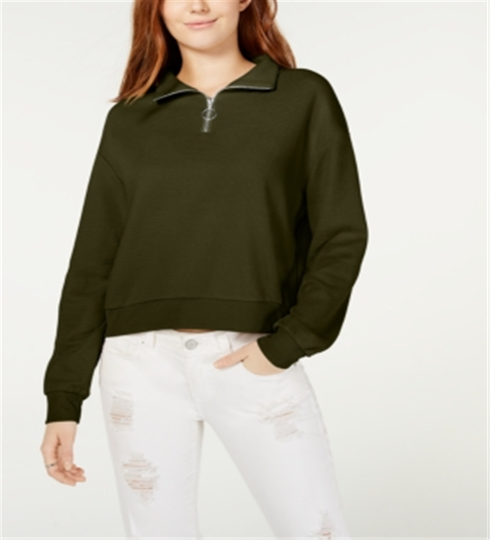 Crave Fame Junior's Waffle Knit Quarter Zip Top Green Size Medium