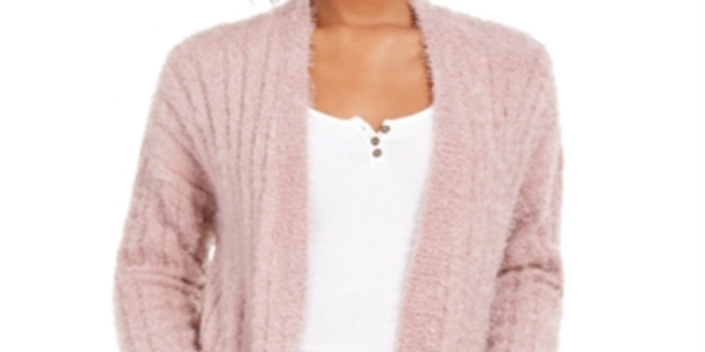 Hippie Rose Juniors' Fuzzy Rib-Knit Cardigan Faded Mauve Pink Size Medium