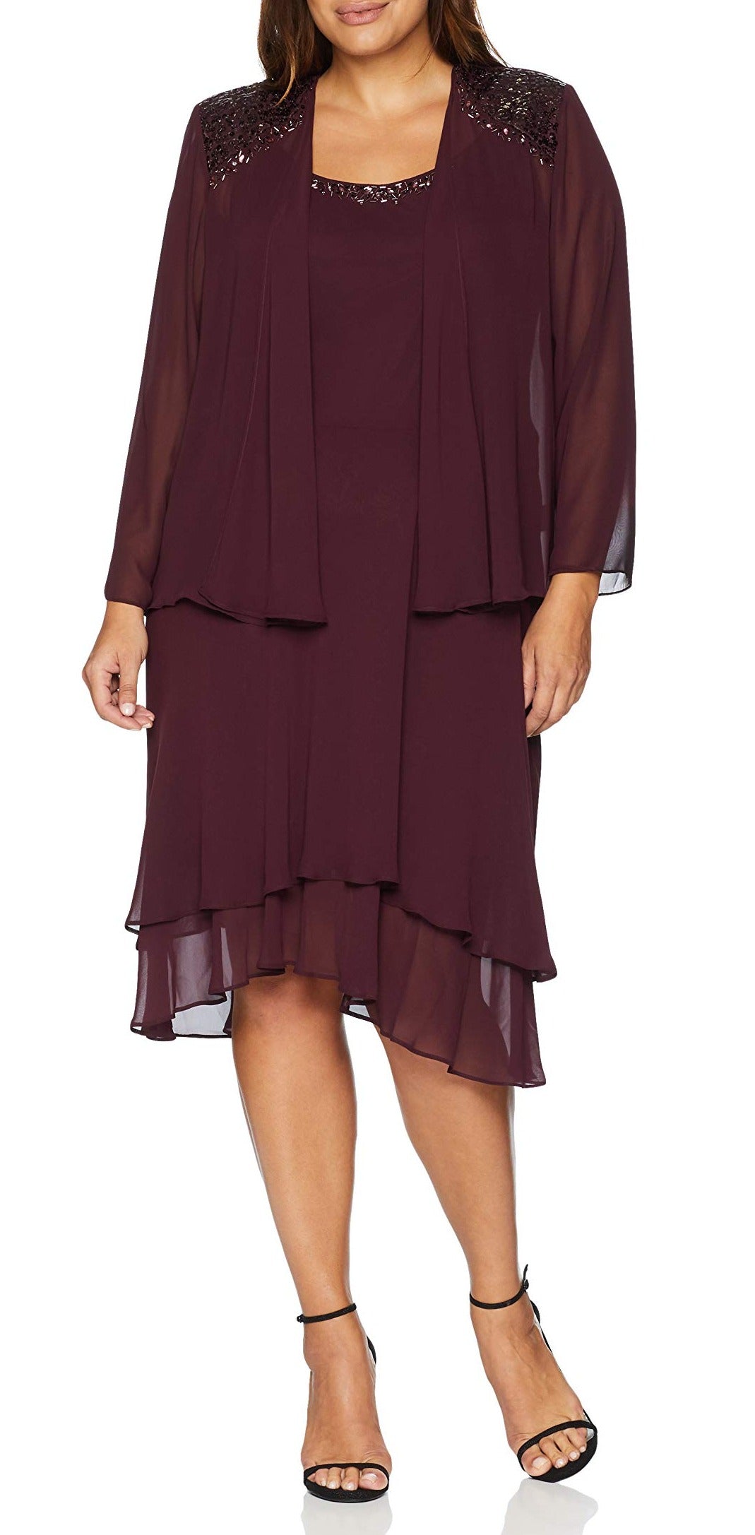 SL Fashions Women's Plus Embellished Dress & Jacket Burgundy Size 14W