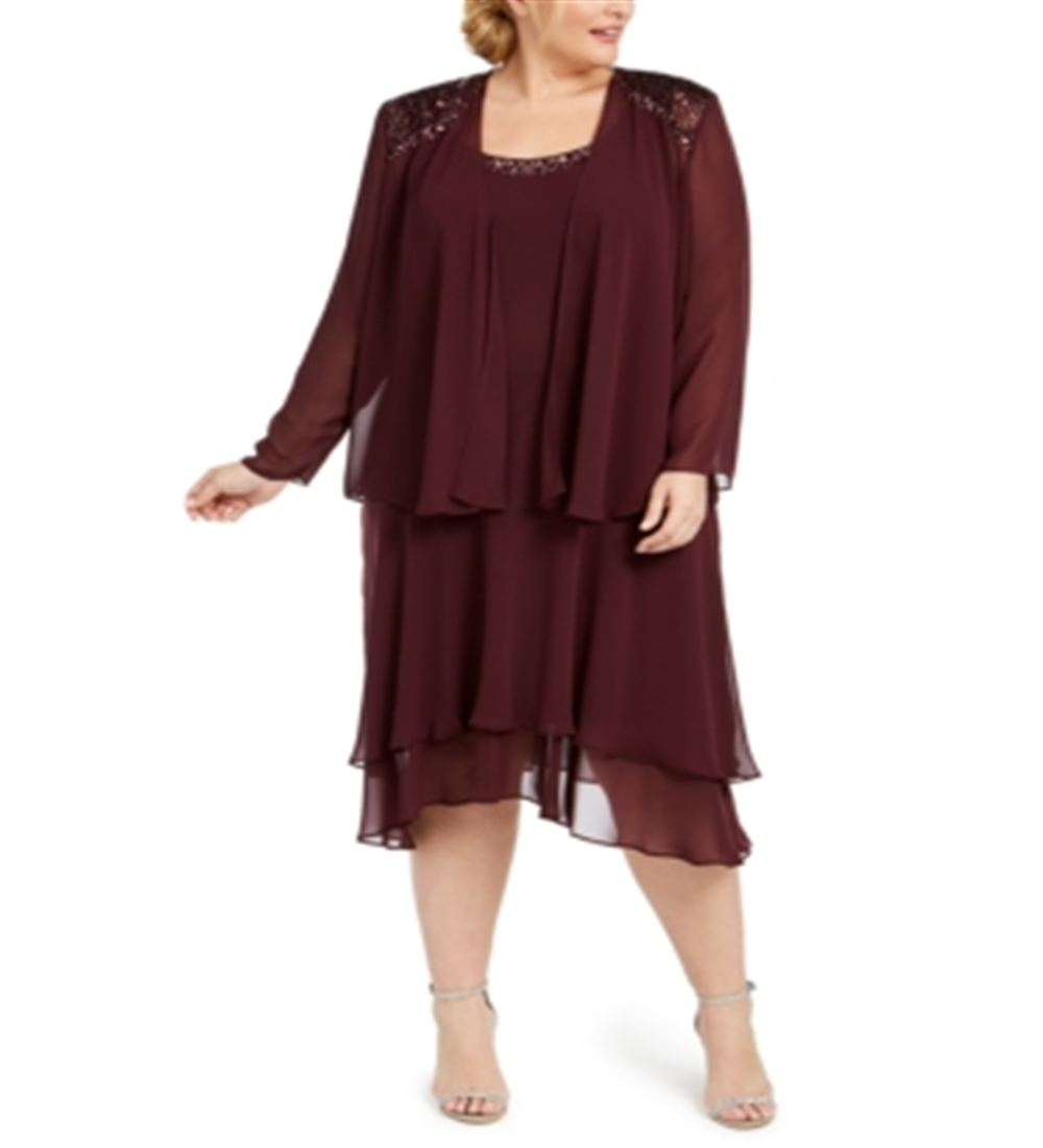 SL Fashions Women's Plus Embellished Dress & Jacket Burgundy Size 14W