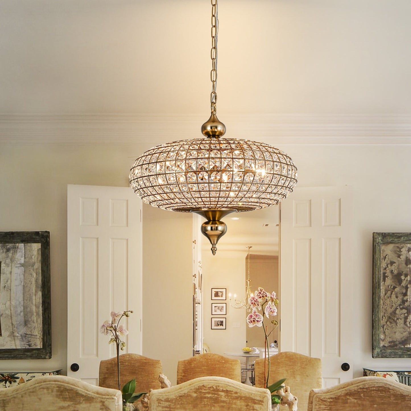 Retro French Antique Brass Globe Crystal Chandelier