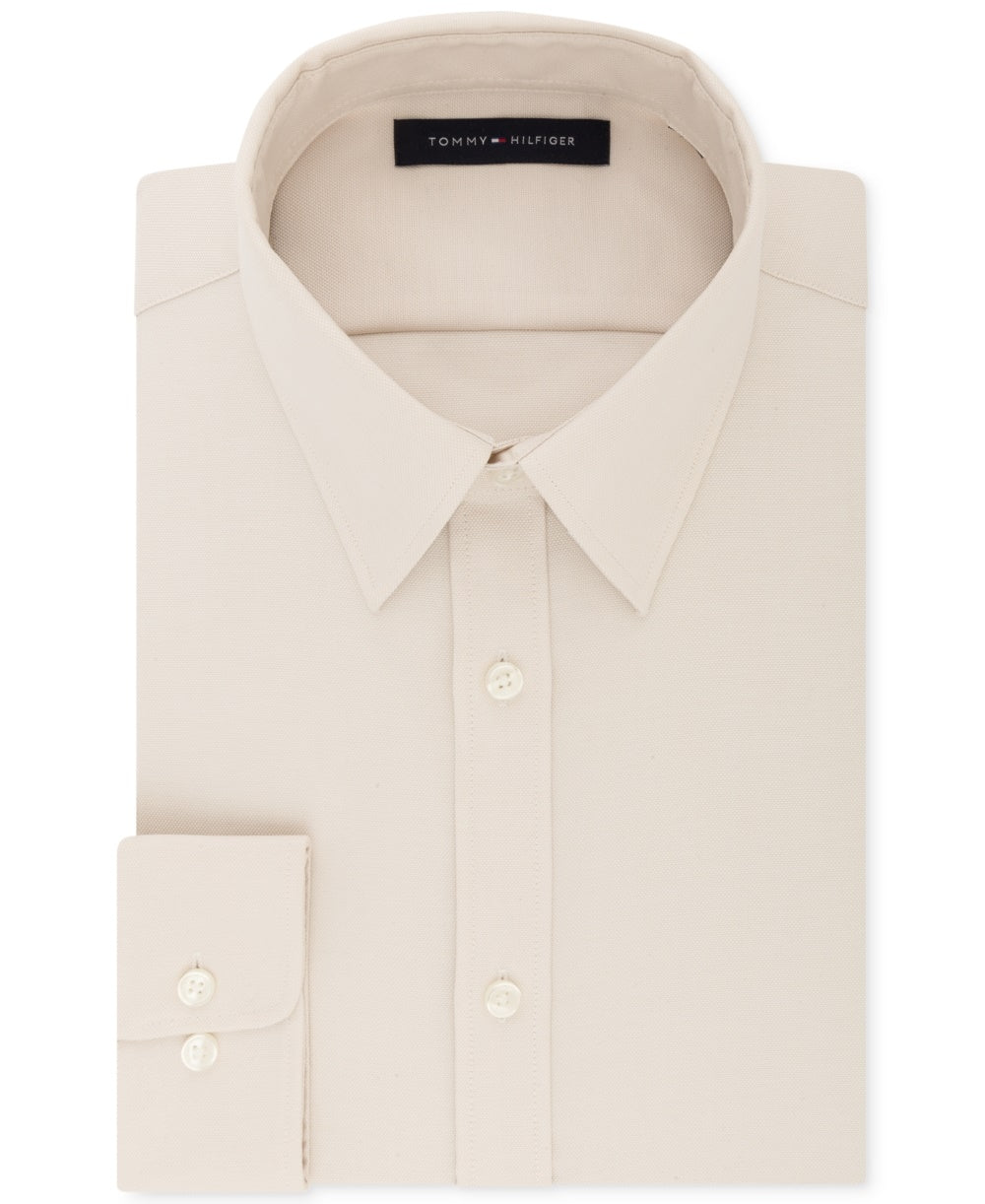 Tommy Hilfiger Men's Athletic Fit Performance Stretch Th Flex Collar Dress Shirt Beige Size L