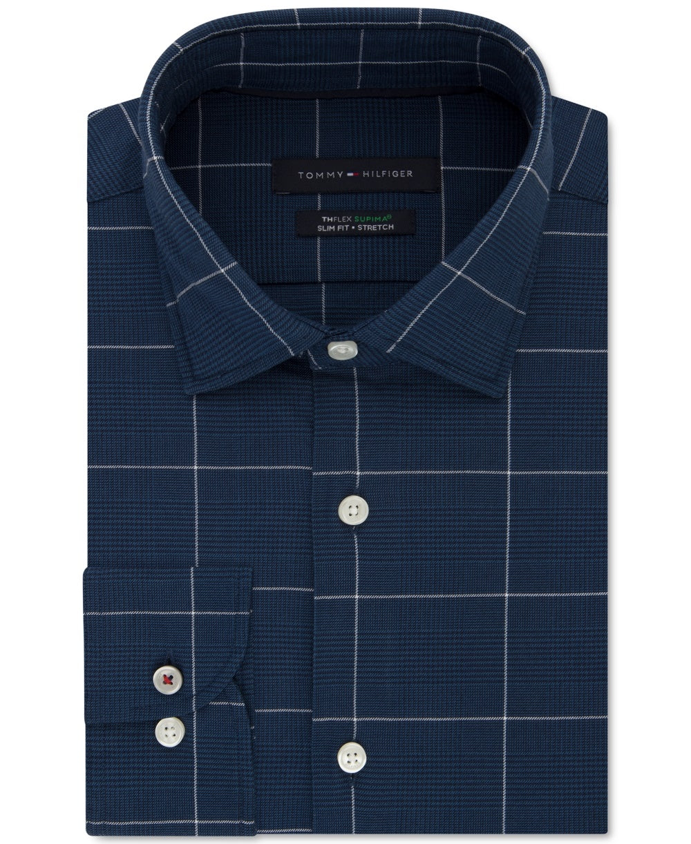 Tommy Hilfiger Men's Slim-Fit Non-Iron Thflex Stretch Windowpane Check Dress Shirt Bright Blue Size 34-35