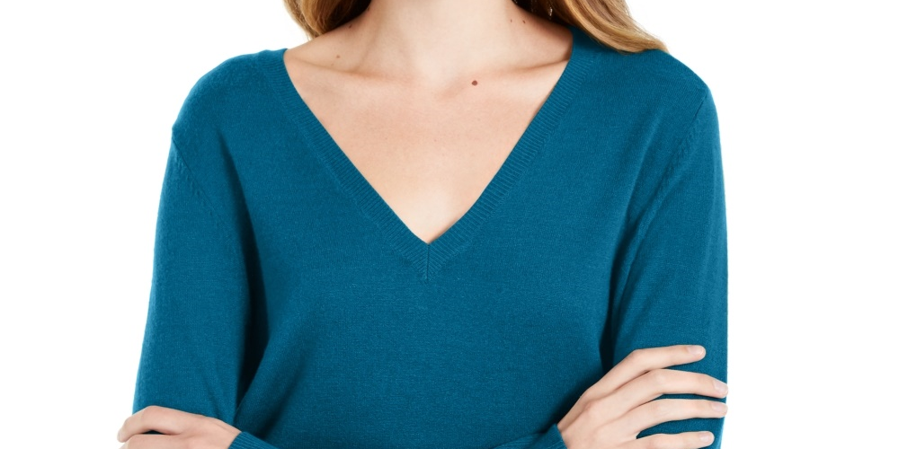 Maison Jules Women's V-Neck Sweater Bright Blue Size Small