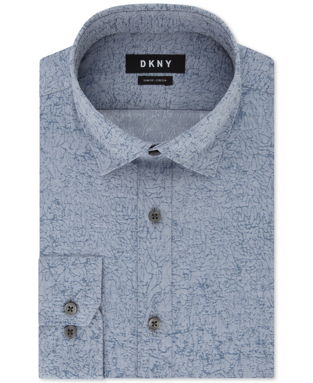 DKNY पुरुषों के लिए स्लिम फिट स्ट्रेच काइहारा बोटानिकल पैटर्न वाली ड्रेस शर्ट डच ब्लू साइज़ 15X32X33