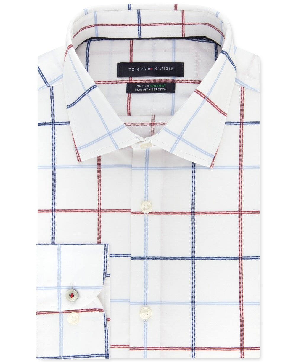 Tommy Hilfiger Men's Slim Fit Check Dress Shirt White Size 16.5X32-33
